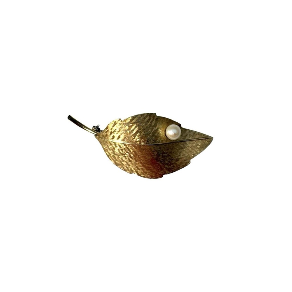 Vintage Signed Krementz Gold Overlay Pearl Accent Twisted Leaf Brooch Pin
